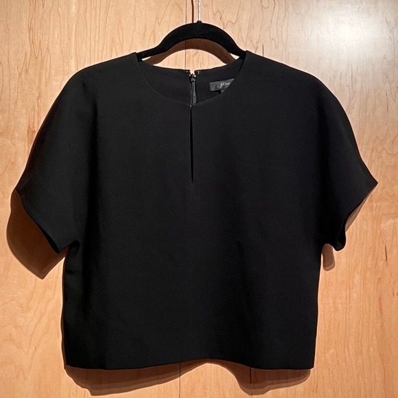 Sz 6 J.Crew 365 CROP SHIRT Black Crepe SPLIT NECK Cap Sleeve Top Blouse Lined - Picture 3 of 4